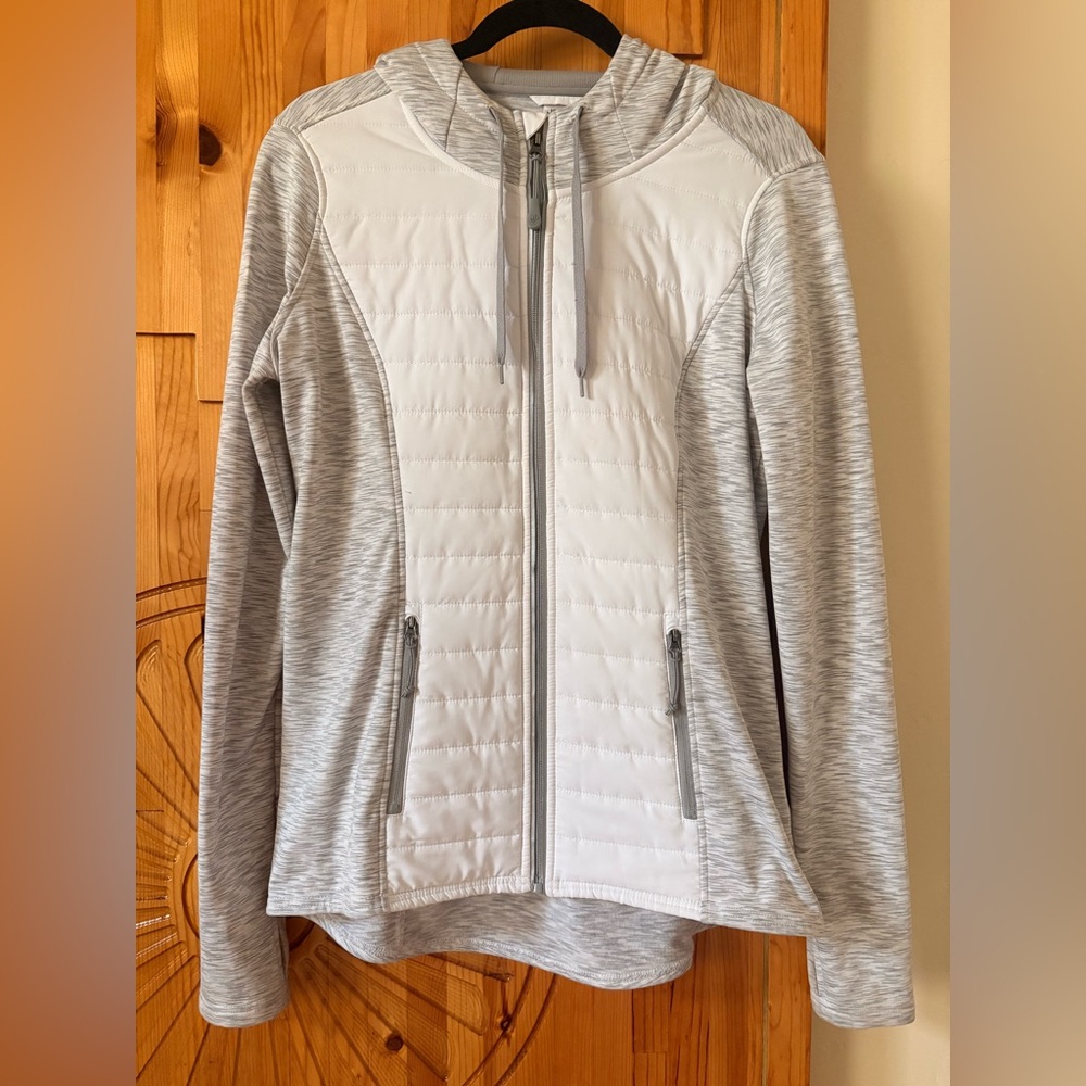 Jockey White Quilted Front Heather Gray Sleeve Hoodie Jacket